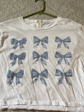 Altar'd State White Crop Top with Blue Bow Print